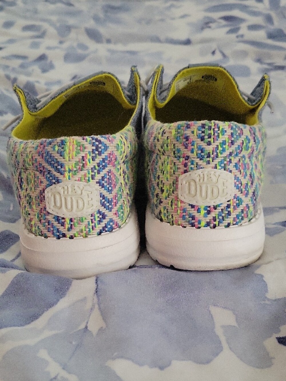 Hey Dude Gray Linen-Style Slip-Ons with Yellow Insole and Multicolor Heel - Picture 2 of 5